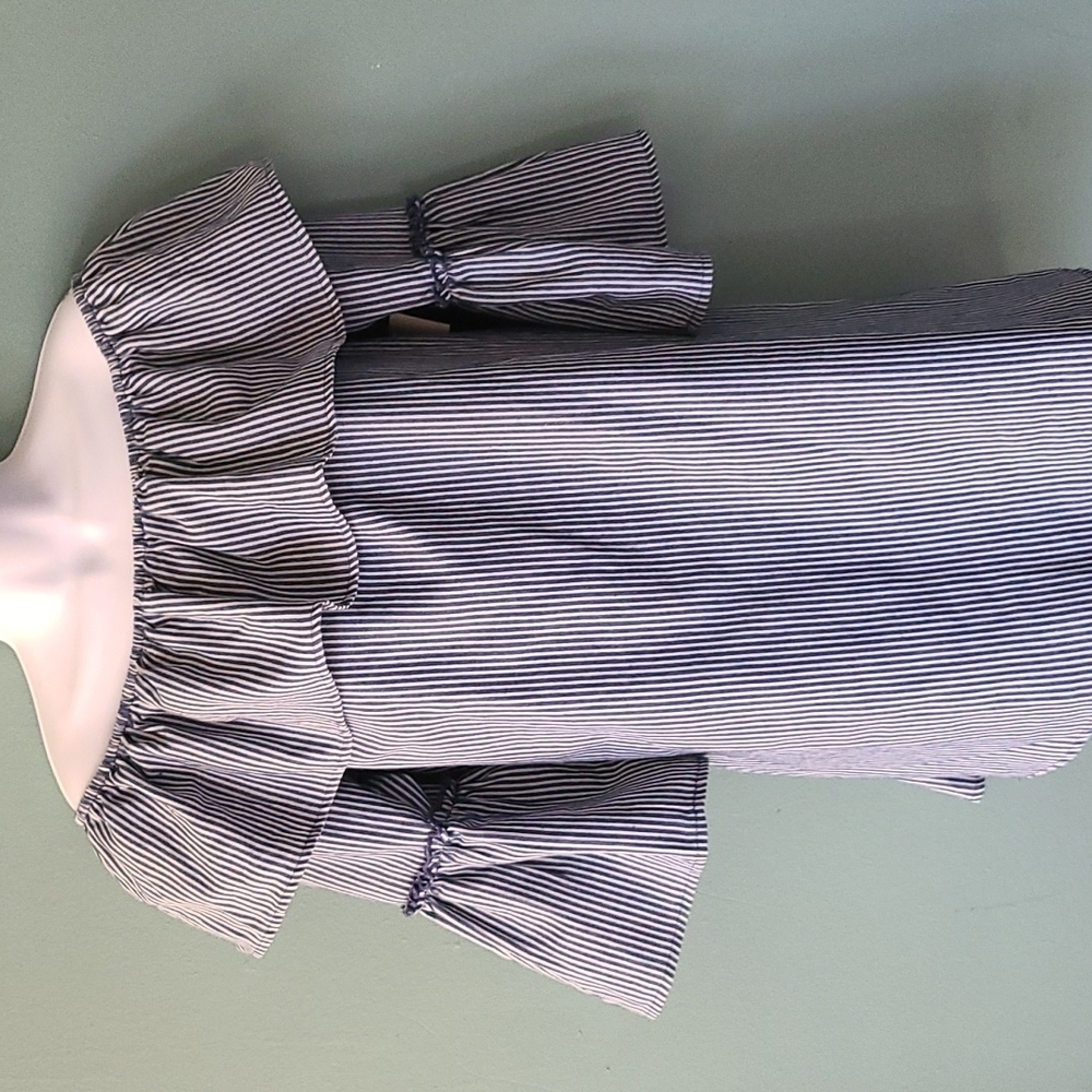 Flying Tomato Blue Chambray White Vertical Pinstripe Flounce Top Size Medium